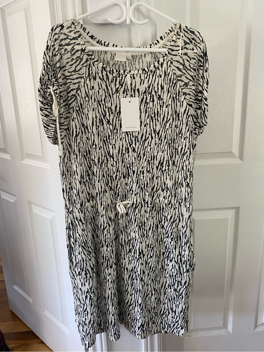 Zebra-Print Drawstring Midi Dress - Black & White